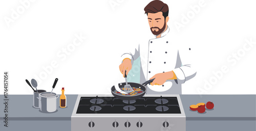 Chef cooking in kitchen preparing meal with steam illustration.eps