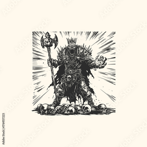 Intense dark fantasy engraving illustration of a powerful Death Knight or evil king in spiked armor, standing on a pile of skulls and holding a skull-adorned mace or staff