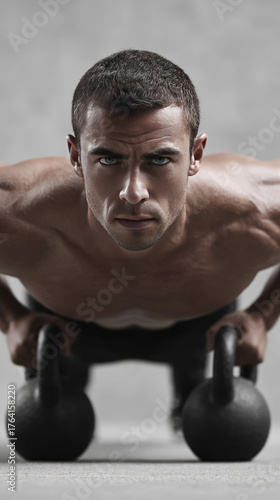 Man doing push up exercise with kettlebell weights