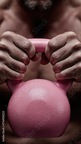 Man gripping pink kettlebell with muscular hands and chest