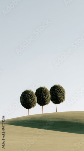 Three round trees on hill with clear sky