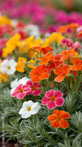 Colorful garden flowers bloom vibrantly with orange, pink