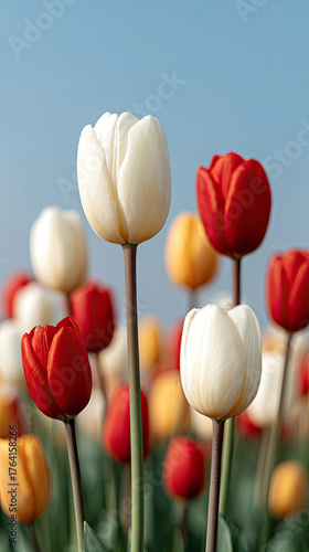 White and red tulip flowers blooming in spring garden
