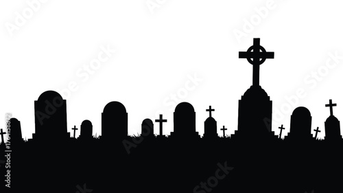 Graveyard silhouette with tombstones and crosses a illustration for Halloween isolated on white background