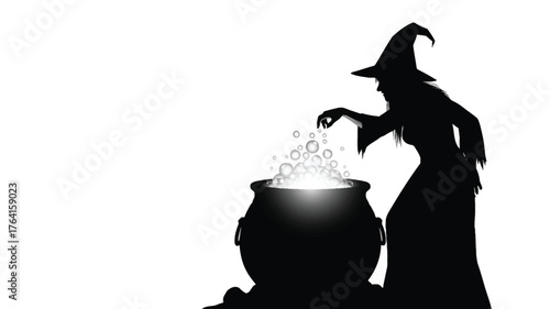Silhouette of a witch brewing a potion in a cauldron Halloween illustration isolated on white background
