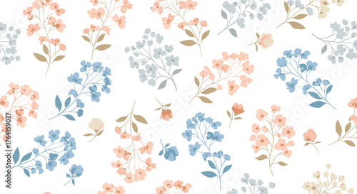 Floral pattern with colorful flowers on white background.