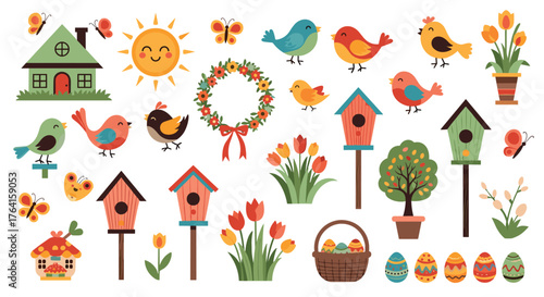 Springtime Garden Elements: Birds Flowers and Houses.
