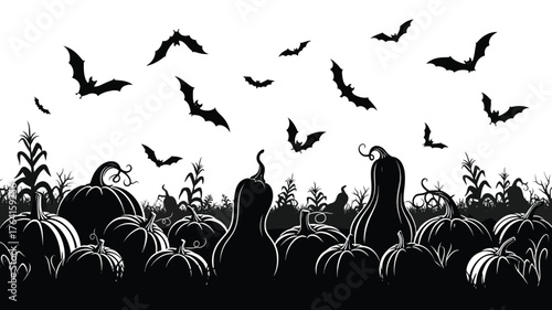 Halloween silhouette illustration with pumpkins bats and corn stalks spooky vector design for holiday backgrounds and decorations