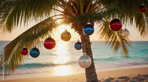 Fototapeta Naklejka Na Ścianę i Meble -  festive christmas ornaments adorn a tropical palm tree on a beautiful sandy beach | holiday, christmas, travel, tropical, celebration theme