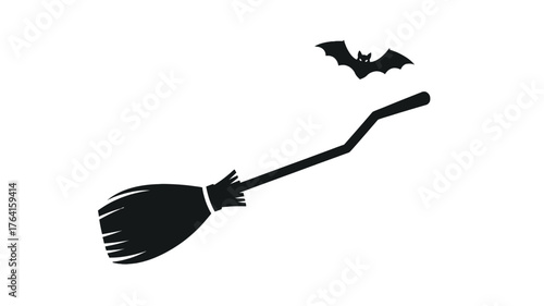 Witchs broom and bat silhouette simple vector illustration for Halloween isolated on white background