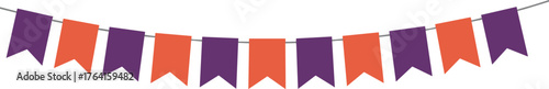 Pennant, flags, decoration, festive, colorful, orange, purple, hanging, celebration, party, banner, string, cheerful, vibrant, curved, symmetrical, event, background, design, ornament