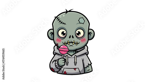 Cute cartoon zombie character holding a lollipop vector illustration for Halloween designs isolated on white background