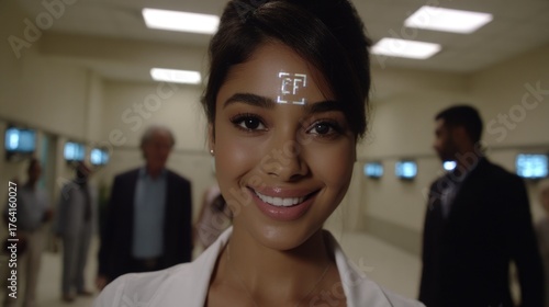 Smiling woman with high-tech scanning device in modern medical facility showcasing futuristic technology and innovation.