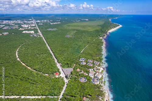 Aerial Drone View of Tulum Coastal Road and Hotel Zone, Mexico
