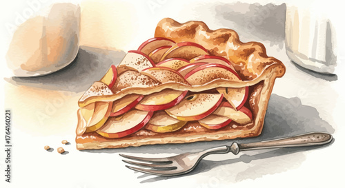 Watercolor painting of a slice of apple pie with a fork on a white surface