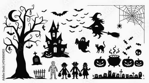 Halloween silhouette vector set featuring spooky elements like ghosts bats and haunted houses perfect for holiday-themed designs and decorations