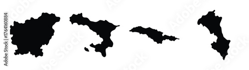 Set of four black silhouetted islands or landmasses against a abstract shapes