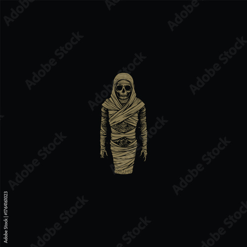 Full-body, unsettling vector illustration of an ancient Egyptian mummy figure, completely wrapped in bandages with a menacing skeletal face visible