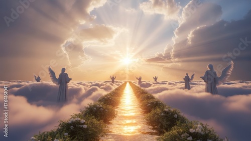 Pathway to heaven with angels and sunbeams over clouds image