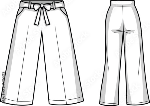 Wide leg pants fashion flat, technical garment sketch, front and back view, casual trousers with belt, pockets, yoke seam, apparel design illustration template