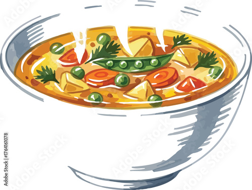 Watercolor illustration of a steaming bowl of vegetable soup on a white background