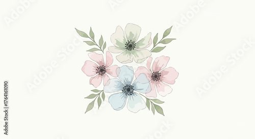 Watercolor floral arrangement with pastel flowers and leaves on a cream background