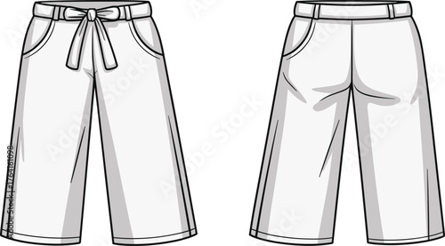 Wide leg pants fashion flat sketch, technical drawing apparel template, women trousers with belt, garment design illustration, clothing blueprint, vector outline, sewing pattern