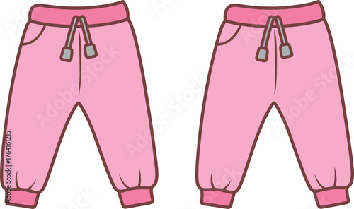 Pink sweatpants, fashion illustration, casual jogger pants, clothing template, garment sketch, apparel design, sportswear, athleisure, elastic waistband, drawstring bow, side pockets, ankle cuffs