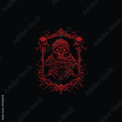 Terrifying black and white vector illustration of an ancient mummy figure wrapped in tattered bandages, emerging from a thorny, spiked wreath or frame