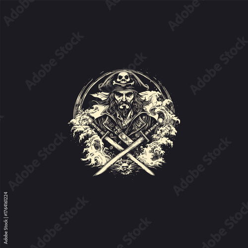 Detailed vintage vector illustration of a bearded pirate captain wearing a tricorn hat with a skull