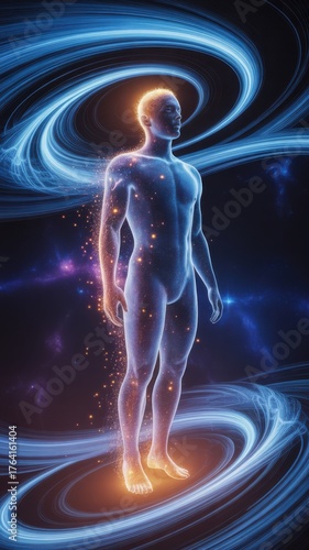 Translucent human form glowing with orange light surrounded by blue cosmic energy body