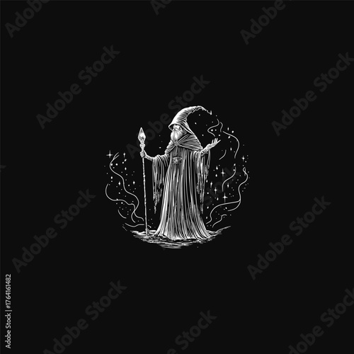 Dark, vintage vector illustration of an old wizard or sorcerer with a long white beard, wearing a pointed hat and holding a staff topped with a glowing crystal or gem.