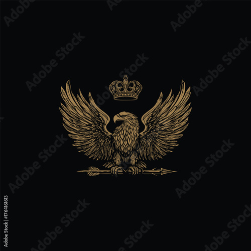 Majestic heraldic eagle vector illustration with large open wings, crowned with a detailed royal crown and perched on a crossing arrow or spear.