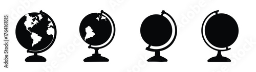 Collection of four globes displaying earth continents and oceans different angles static imagery