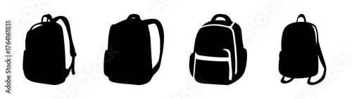 Set of four black backpack icons for travel school and everyday use minimalist design