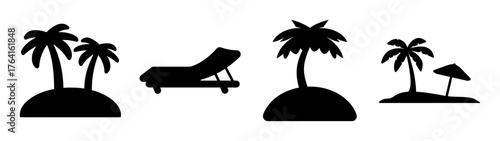 Tropical beach paradise scene silhouette icons coconut palms sun lounger beach umbrella island getaway