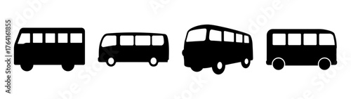 Set of four silhouette buses showing different models and styles in a row transport