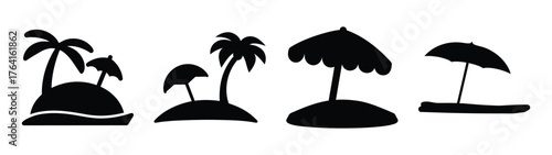 Collection of silhouette beach island palm trees and beach umbrella icons for summer vacation design elements