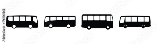 A line of four diverse black buses in profile view showing different sizes and window arrangements