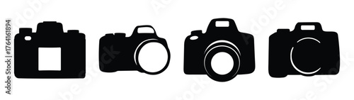 Four black silhouette dslr cameras photography equipment icons collection graphic design elements