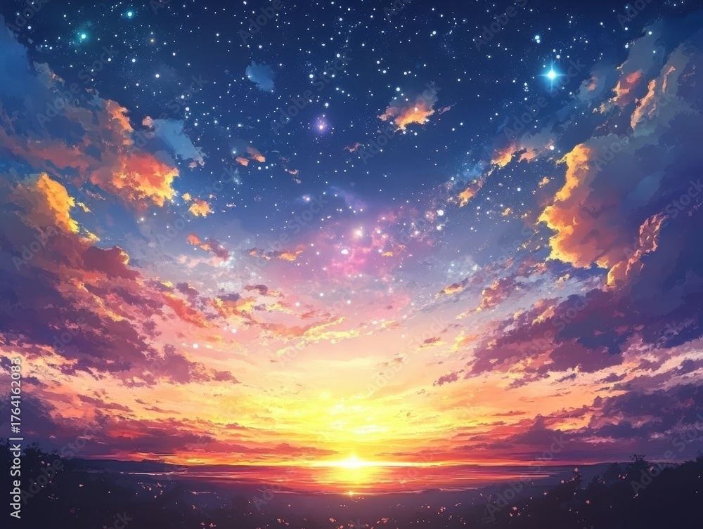 Fototapeta premium Colorful sunset sky filled with stars and clouds.