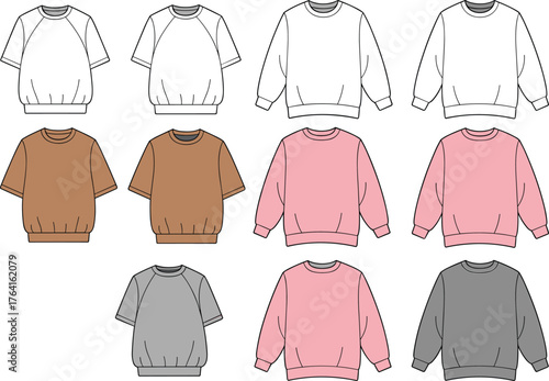 Sweatshirt fashion template, hoodie mockup illustration, unisex casual wear design, clothing flat sketch, apparel technical drawing, vector garment outline, color variation set