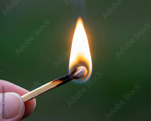 Ignite your creativity with this striking close-up of a burning matchstick, symbolizing new ideas and bright beginnings against a blurred natural backdrop.