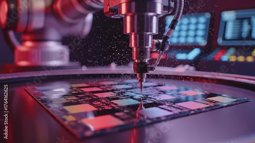Close-up of a robotic arm precision-working a microchip, surrounded by particles and screens