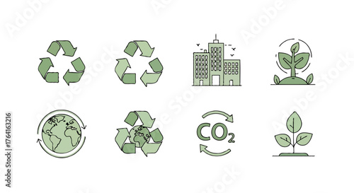 A clean and minimal eco vector collection featuring recycle signs, CO2 reduction, and green city designs symbolizing sustainability, nature, and renewable energy.