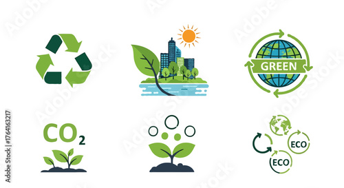 Vector pack highlighting renewable energy, recycling, eco city, CO2 reduction, and sustainability symbols promoting an eco-conscious lifestyle and environmental care.