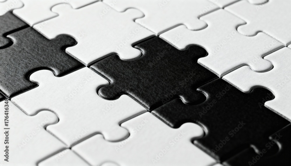 Fototapeta premium Puzzle of Unity: The seamless connection of interlocking puzzle pieces forming a thought-provoking visual representation of cohesion and teamwork.