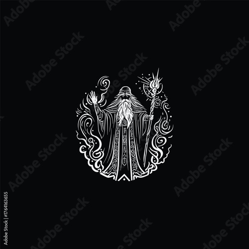Dynamic black and white vector illustration of a powerful old wizard or sorcerer with a long beard and cloak, casting a spell while holding a magical staff topped with fire or light