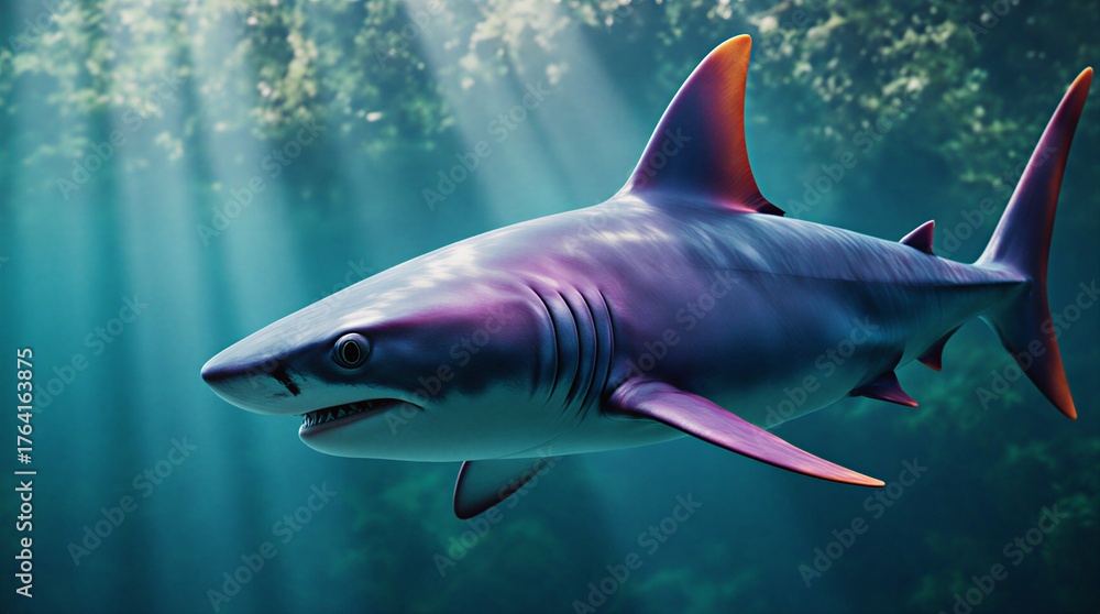 Naklejka premium majestic great white shark swimming through vibrant and colorful underwater realm | ocean, nature, wildlife, marine, beauty theme