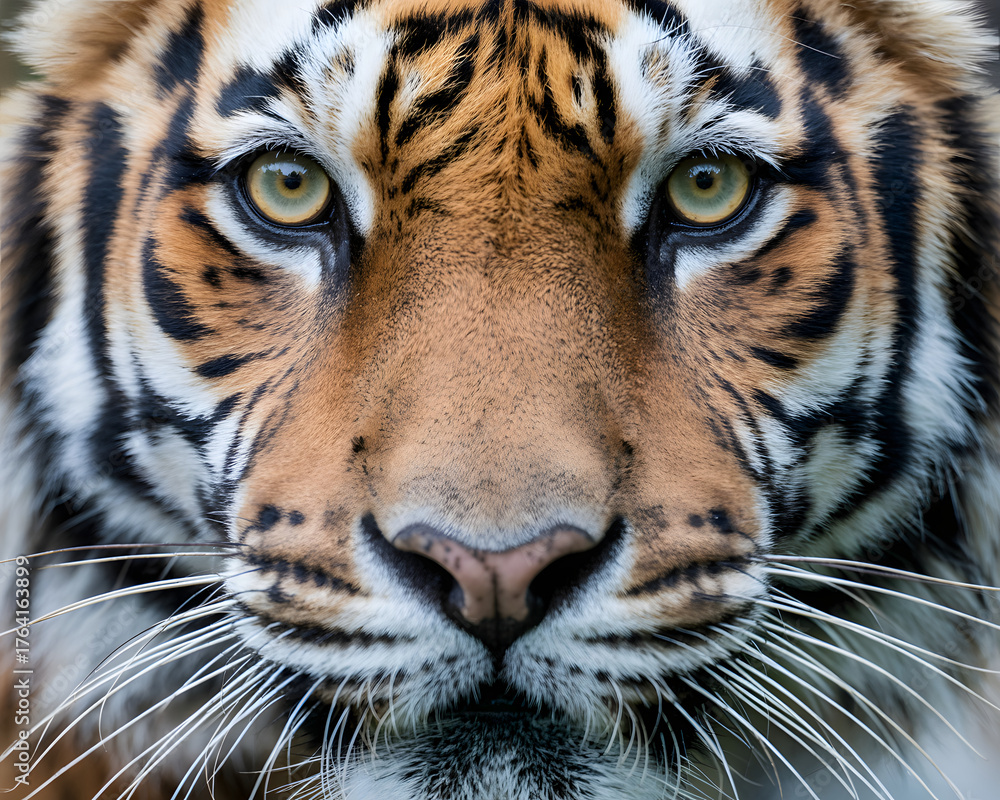 Fototapeta premium Intense close-up portrait of a majestic tiger's face, showcasing piercing green eyes and striking orange and black stripes, evoking power and wild beauty.